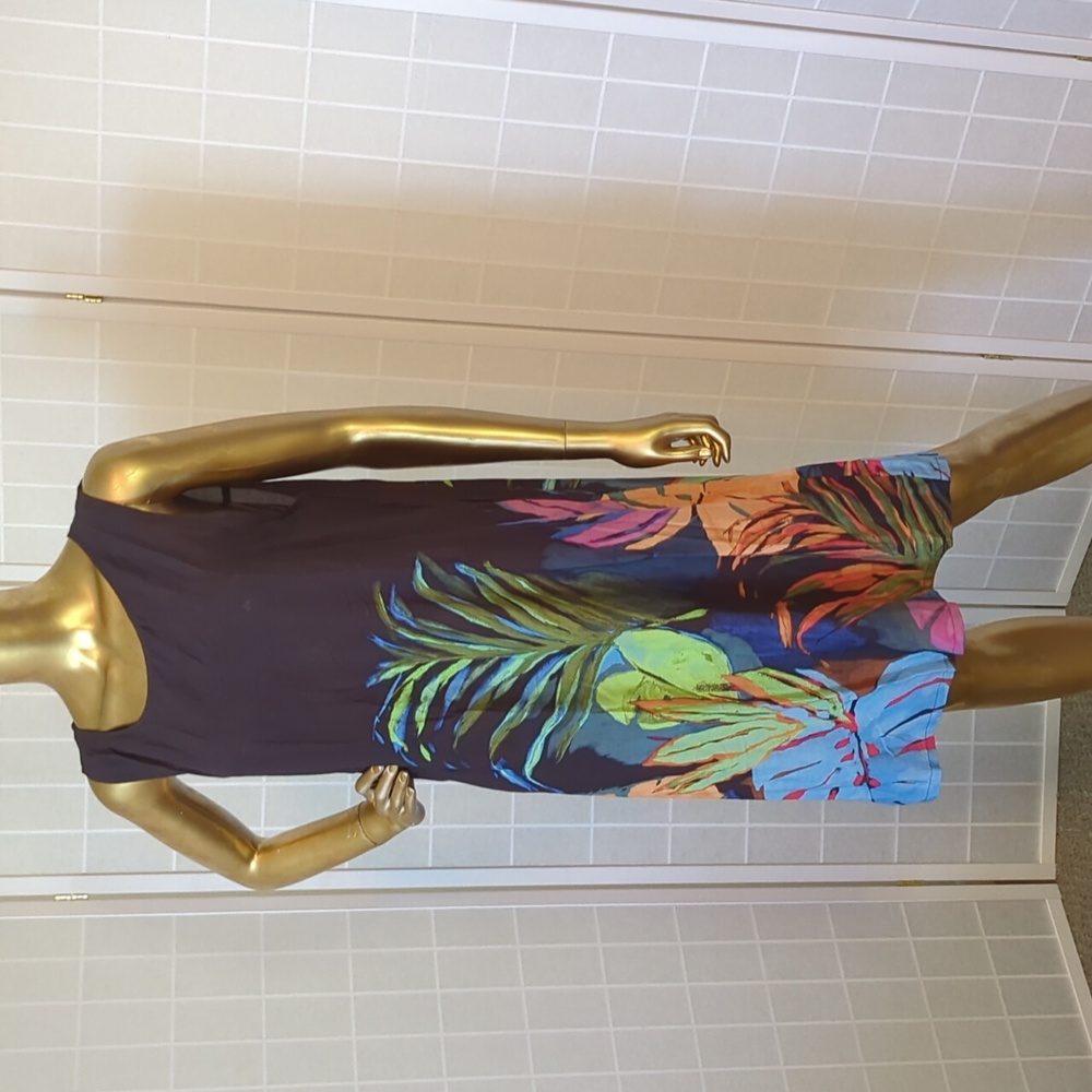Jams World Tropical Print Sleeveless Dress — Navy with Multicolor Leaf Print - Picture 9 of 11